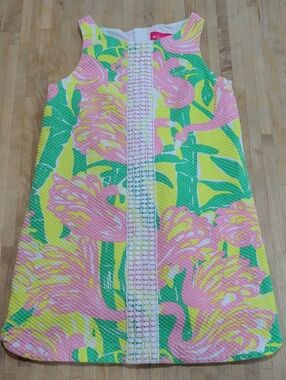Lilly Pulitzer Pink Yellow And Green Flamingo Pattern Sundress Size 7/8